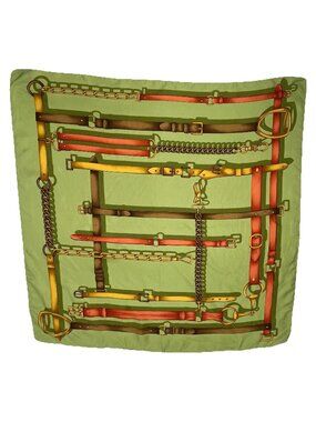 ISA Green Silk Scarf Equestrian Horse But Belt Print Square Designer Style